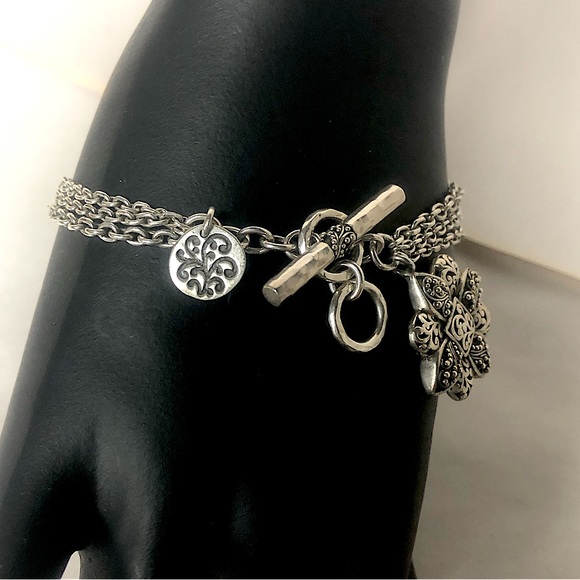 LOIS HILL Sterling Silver Reversible Multi-Strand Floral Charm & Toggle Bracelet - Picture 13 of 17